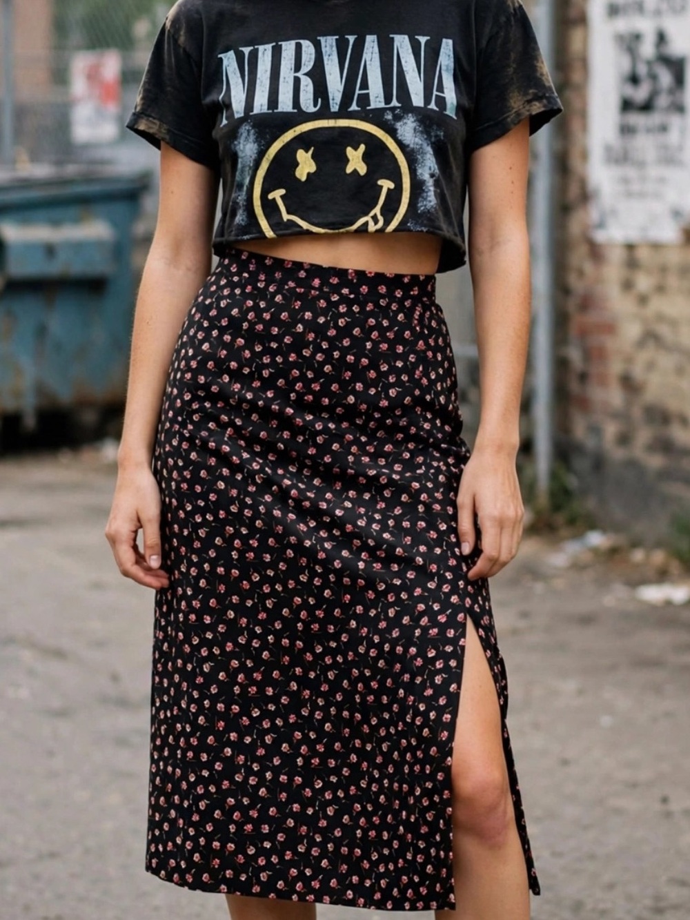 Nordstrom Black Midi Skirt with Small Pink Floral Print
